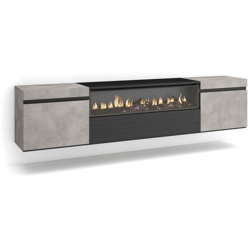 Skraut Home - Meuble tv, Banc Télé, Grand espace de Rangement, 200x45x35cm, Pour les tv jusqu'à 80', Cheminée électrique, Suspendu, Mural, Style