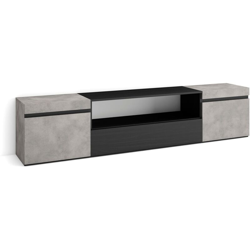 Meuble tv, Banc Télé, Grand espace de Rangement, 200x45x35cm, Pour les tv jusqu'à 80', Meubles de salon, Style moderne, Gris Ciment - Skraut Home