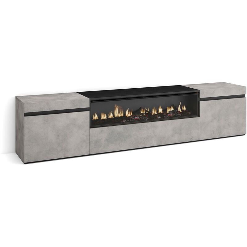 Meuble tv, Banc Télé, Grand espace de Rangement, 200x45x35cm, Pour les tv jusqu'à 80', Cheminée électrique, Style moderne, Gris Ciment - Skraut Home