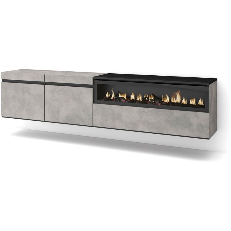 Skraut Home - Meuble tv, Banc Télé, Grand espace de Rangement, 200x45x35cm, Pour les tv jusqu'à 80', Cheminée électrique, Suspendu, Mural, Style