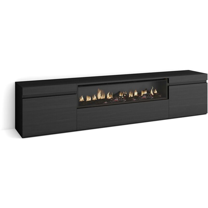 Meuble tv, Banc Télé, Grand espace de Rangement, 200x45x35cm, Pour les tv jusqu'à 80', Cheminée électrique, Style moderne, Noir - Skraut Home