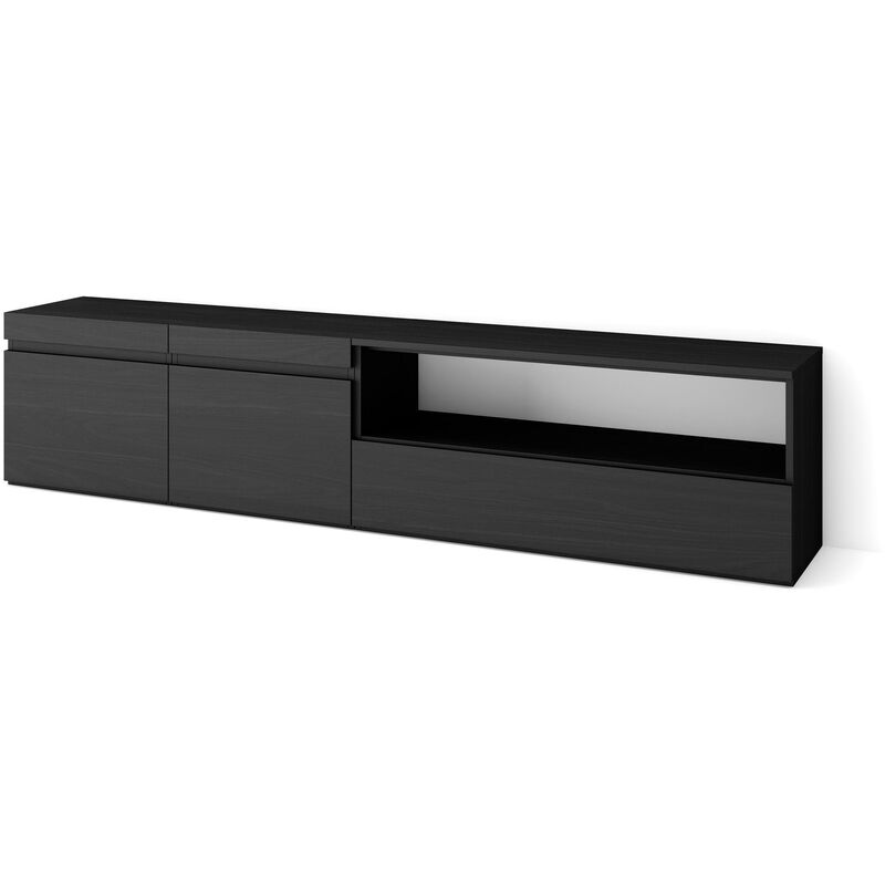 Meuble tv, Banc Télé, Grand espace de Rangement, 200x45x35cm, Pour les tv jusqu'à 80', Meubles de salon, Style moderne, Noir - Skraut Home
