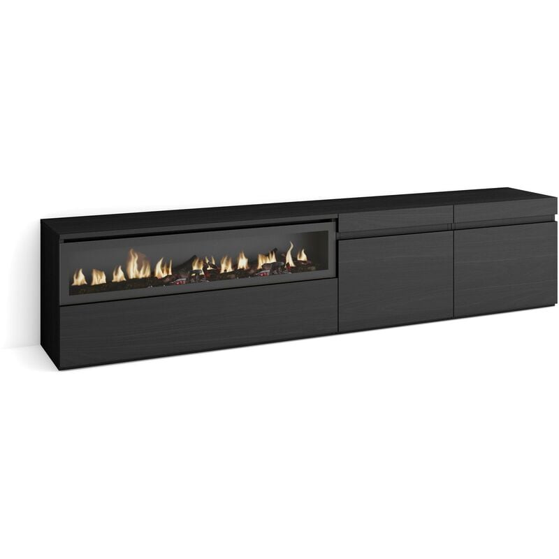 Meuble tv, Banc Télé, Grand espace de Rangement, 200x45x35cm, Pour les tv jusqu'à 80', Cheminée électrique, Style moderne, Noir - Skraut Home
