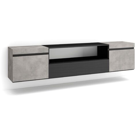 Skraut Home - Meuble TV, Banc Télé, Grand espace de Rangement, 200x45x35cm, Pour les TV jusqu'à 80", Suspendu, Mural, Style moderne, Gris Ciment