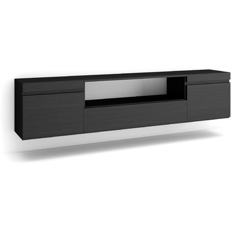 Skraut Home - Meuble TV, Banc Télé, Grand espace de Rangement, 200x45x35cm, Pour les TV jusqu'à 80", Suspendu, Mural, Style moderne, Noir