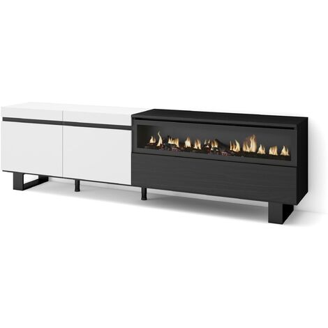 Skraut Home - Meuble TV, Banc Télé, Grand espace de Rangement, 200x57x35cm, Pour les TV jusqu'à 80", Cheminée électrique, Design industriel, Style moderne, Blanc et noir