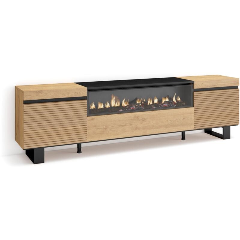 Skraut Home - Meuble tv, Banc Télé, Grand espace de Rangement, 200x57x35cm, Pour les tv jusqu'à 80', Cheminée électrique, Design industriel, Style
