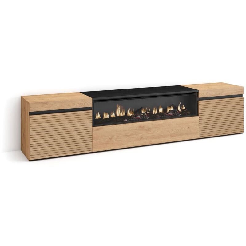 Meuble tv, Banc Télé, Grand espace de Rangement, 200x45x35cm, Pour les tv jusqu'à 80', Cheminée électrique, Style moderne, Chêne - Skraut Home