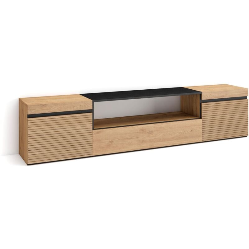 Meuble tv, Banc Télé, Grand espace de Rangement, 200x45x35cm, Pour les tv jusqu'à 80', Meubles de salon, Style moderne, Chêne - Skraut Home
