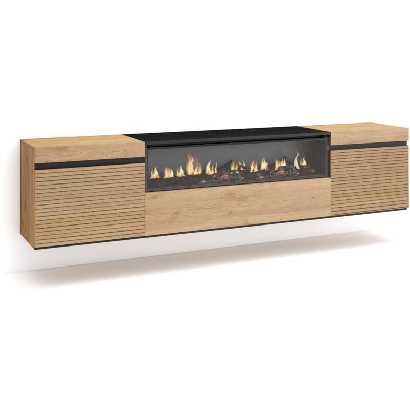Skraut Home - Meuble tv, Banc Télé, Grand espace de Rangement, 200x45x35cm, Pour les tv jusqu'à 80', Cheminée électrique, Suspendu, Mural, Style