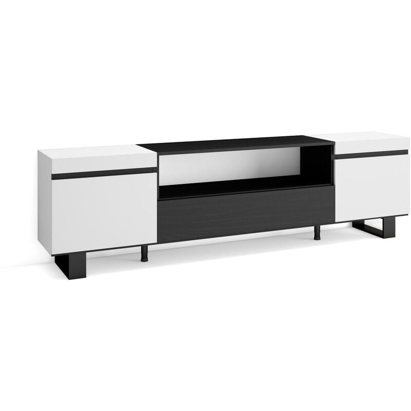 Meuble tv, Banc Télé, Grand espace de Rangement, 200x57x35cm, Pour les tv jusqu'à 80', Design industriel, Style moderne, Blanc et noir - Skraut Home