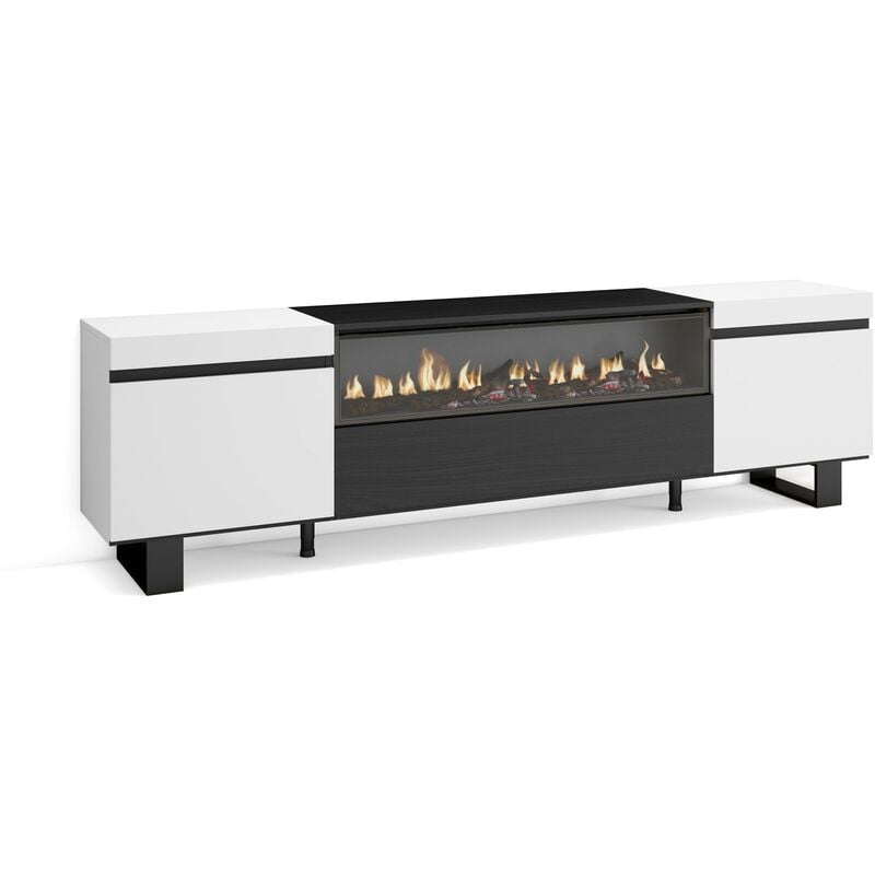 Skraut Home - Meuble tv, Banc Télé, Grand espace de Rangement, 200x57x35cm, Pour les tv jusqu'à 80', Cheminée électrique, Design industriel, Style