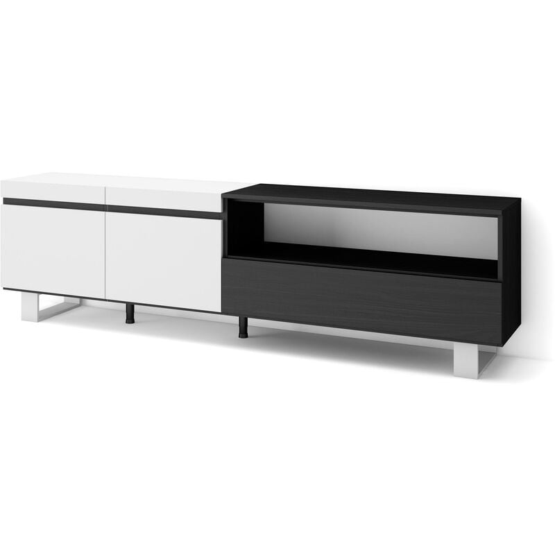 Skraut Home - Meuble TV, Banc Télé, Grand espace de Rangement, 200x57x35cm, Pour les TV jusqu'à 80", Design industriel, Style moderne, Blanc et noir