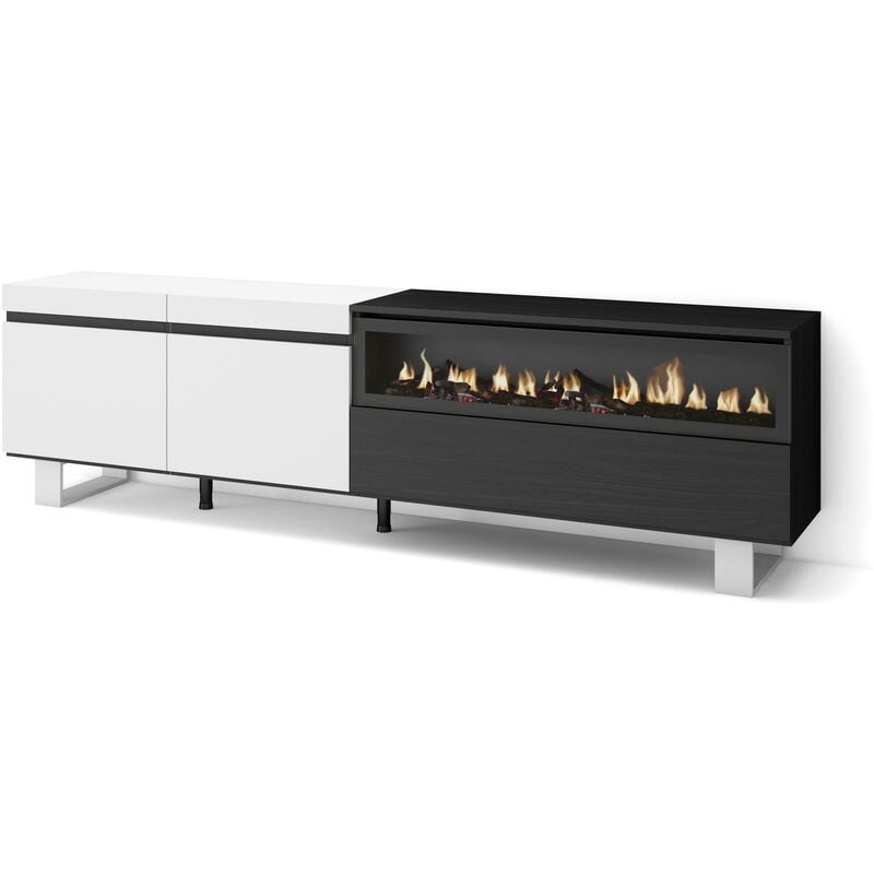 Skraut Home - Meuble tv, Banc Télé, Grand espace de Rangement, 200x57x35cm, Pour les tv jusqu'à 80', Cheminée électrique, Design industriel, Style