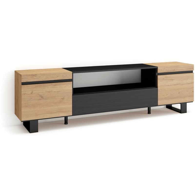 Skraut Home - Meuble TV, Banc Télé, Grand espace de Rangement, 200x57x35cm, Pour les TV jusqu'à 80", Design industriel, Style moderne, Chêne et noir