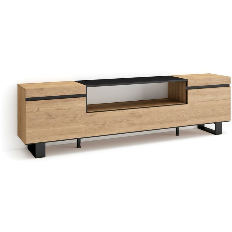 Meuble tv, Banc Télé, Grand espace de Rangement, 200x57x35cm, Pour les tv jusqu'à 80', Design industriel, Style moderne, Chêne et noir - Skraut Home