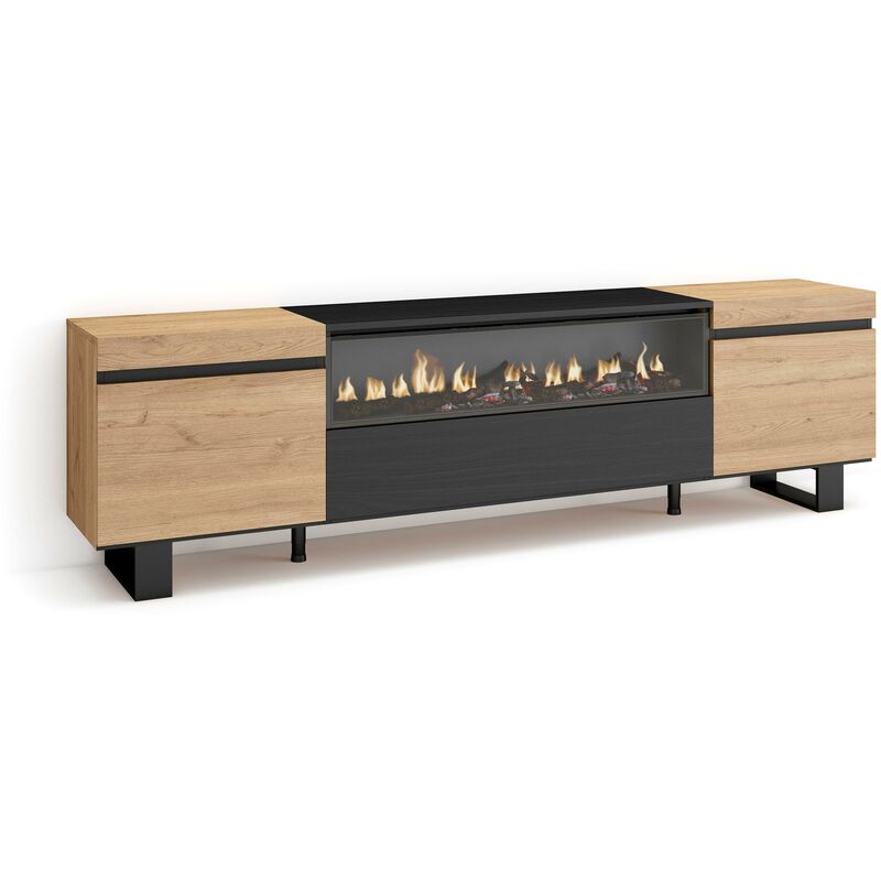 Meuble tv, Banc Télé, Grand espace de Rangement, 200x57x35cm, Pour les tv jusqu'à 80', Cheminée électrique, Design industriel, Style moderne, Chêne