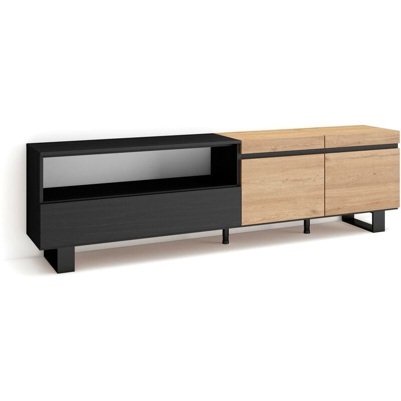 Meuble tv, Banc Télé, Grand espace de Rangement, 200x57x35cm, Pour les tv jusqu'à 80', Design industriel, Style moderne, Chêne et noir - Skraut Home