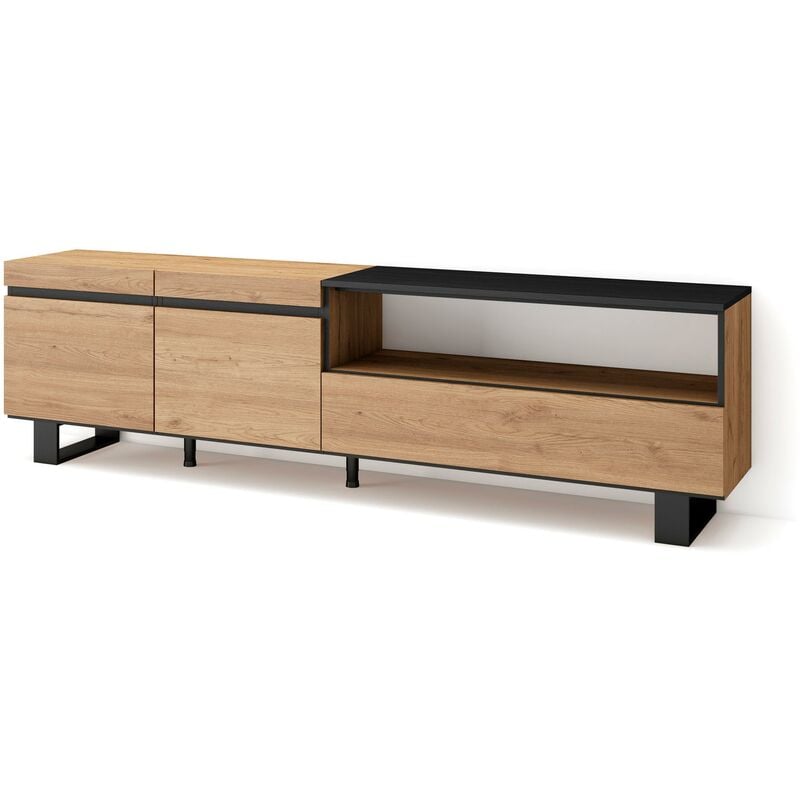 Meuble tv, Banc Télé, Grand espace de Rangement, 200x57x35cm, Pour les tv jusqu'à 80', Design industriel, Style moderne, Chêne et noir - Skraut Home