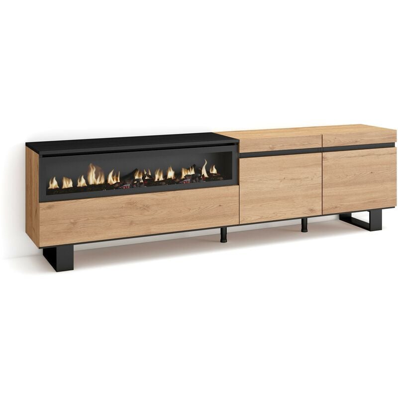 Skraut Home - Meuble tv, Banc Télé, Grand espace de Rangement, 200x57x35cm, Pour les tv jusqu'à 80', Cheminée électrique, Design industriel, Style