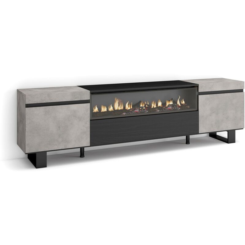 Skraut Home - Meuble tv, Banc Télé, Grand espace de Rangement, 200x57x35cm, Pour les tv jusqu'à 80', Cheminée électrique, Design industriel, Style