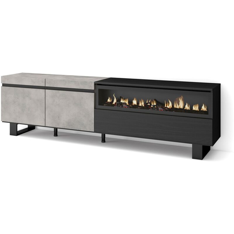 Skraut Home - Meuble tv, Banc Télé, Grand espace de Rangement, 200x57x35cm, Pour les tv jusqu'à 80', Cheminée électrique, Design industriel, Style