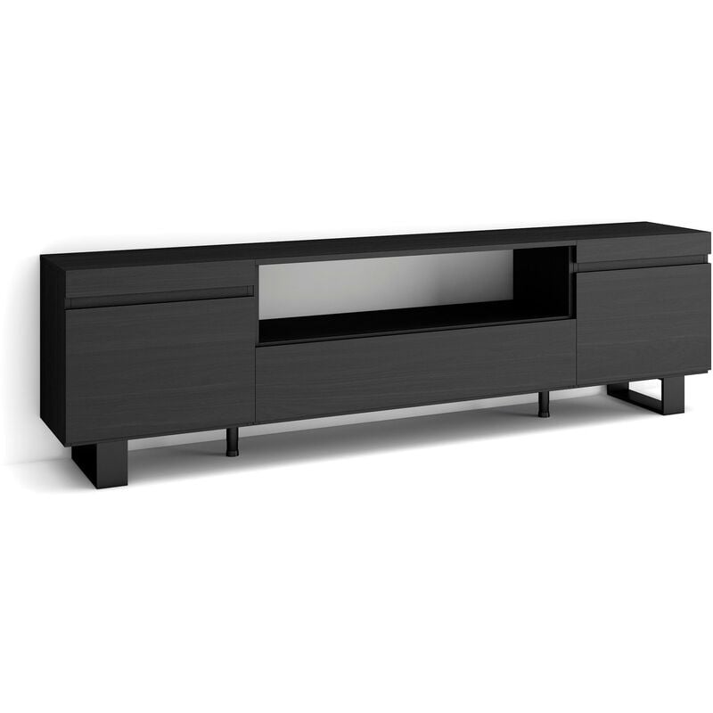 Meuble tv, Banc Télé, Grand espace de Rangement, 200x57x35cm, Pour les tv jusqu'à 80', Design industriel, Style moderne, Noir - Skraut Home