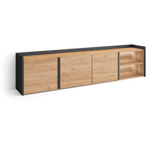 Skraut Home - Meuble TV, Banc Télé, Grand espace de Rangement, 207x35x50cm, Pour les TV jusqu'à 80", LED, Style moderne, Chêne et noir