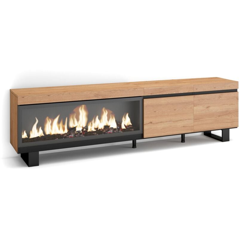 Skraut Home - Meuble tv, Banc Télé, Grand espace de Rangement, 210, Pour les tv jusqu'à 80', Cheminée électrique xxl, Design industriel, Style