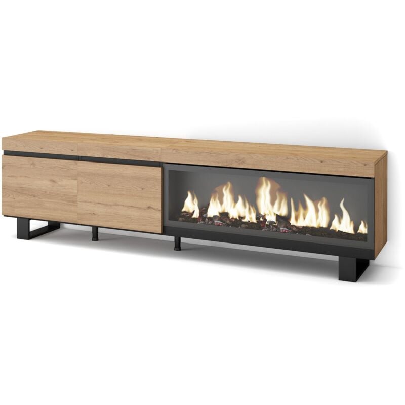 Skraut Home - Meuble tv, Banc Télé, Grand espace de Rangement, 210, Pour les tv jusqu'à 80', Cheminée électrique xxl, Design industriel, Style