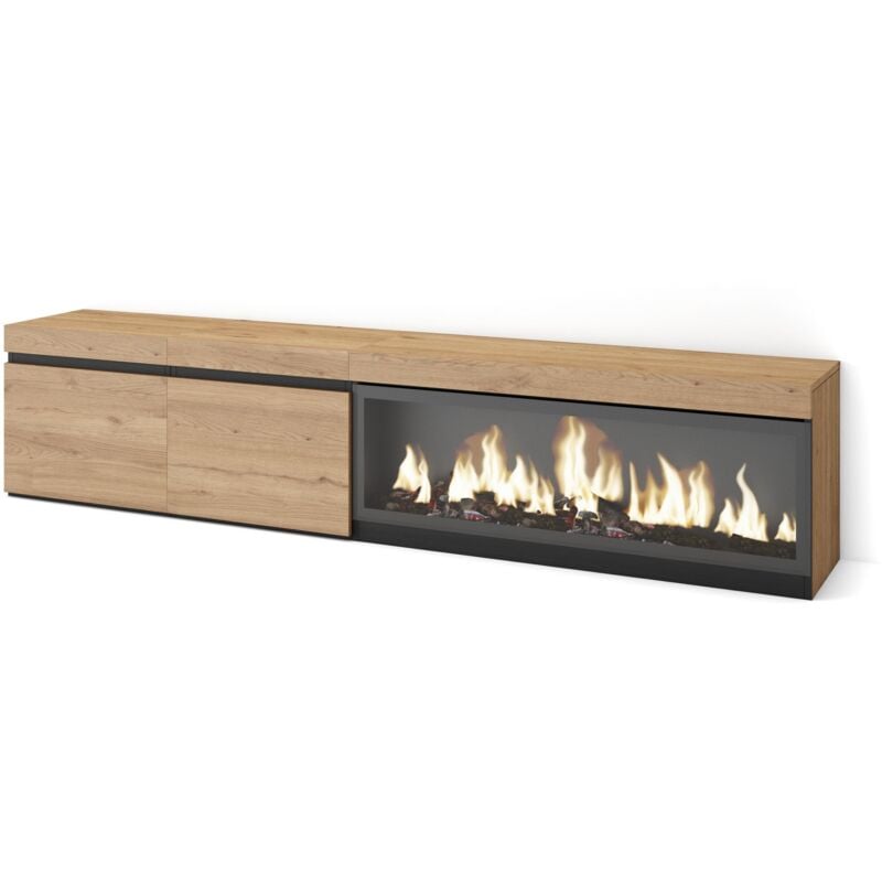 Meuble tv, Banc Télé, Grand espace de Rangement, 210, Pour les tv jusqu'à 80', Cheminée électrique xxl, Style moderne, Chêne - Skraut Home