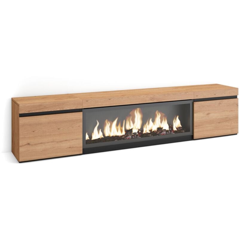 Meuble tv, Banc Télé, Grand espace de Rangement, 210, Pour les tv jusqu'à 80', Cheminée électrique xxl, Style moderne, Chêne - Skraut Home