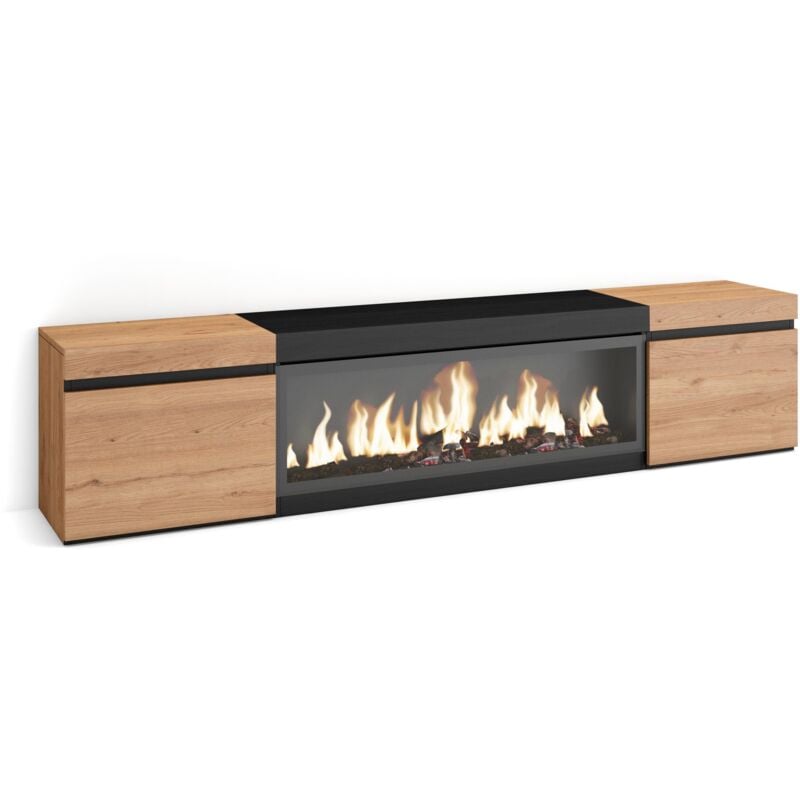 Meuble tv, Banc Télé, Grand espace de Rangement, 210, Pour les tv jusqu'à 80', Cheminée électrique xxl, Style moderne, Chêne et noir - Skraut Home