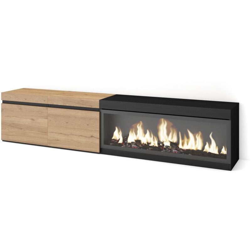 Meuble tv, Banc Télé, Grand espace de Rangement, 210, Pour les tv jusqu'à 80', Cheminée électrique xxl, Style moderne, Chêne et noir - Skraut Home