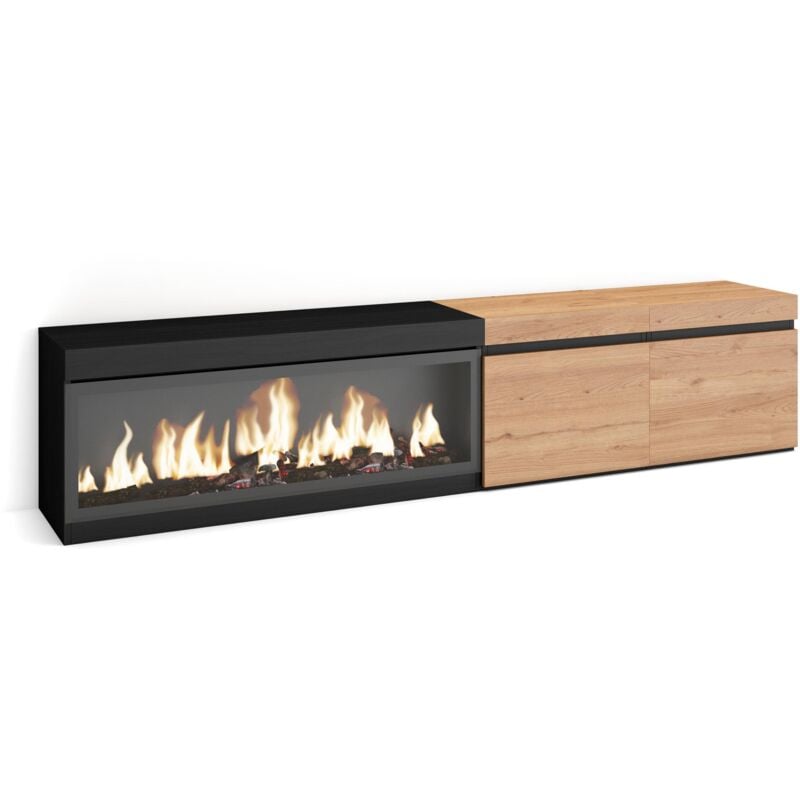 Meuble tv, Banc Télé, Grand espace de Rangement, 210, Pour les tv jusqu'à 80', Cheminée électrique xxl, Style moderne, Chêne et noir - Skraut Home