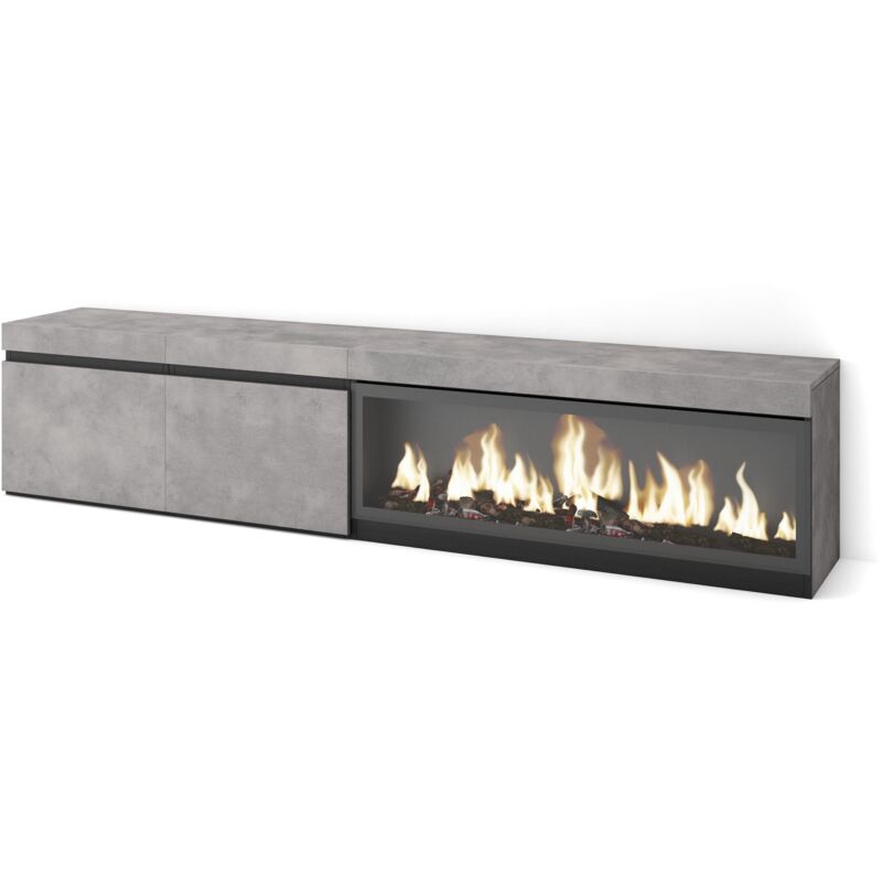 Meuble tv, Banc Télé, Grand espace de Rangement, 210, Pour les tv jusqu'à 80', Cheminée électrique xxl, Style moderne, Gris Ciment - Skraut Home