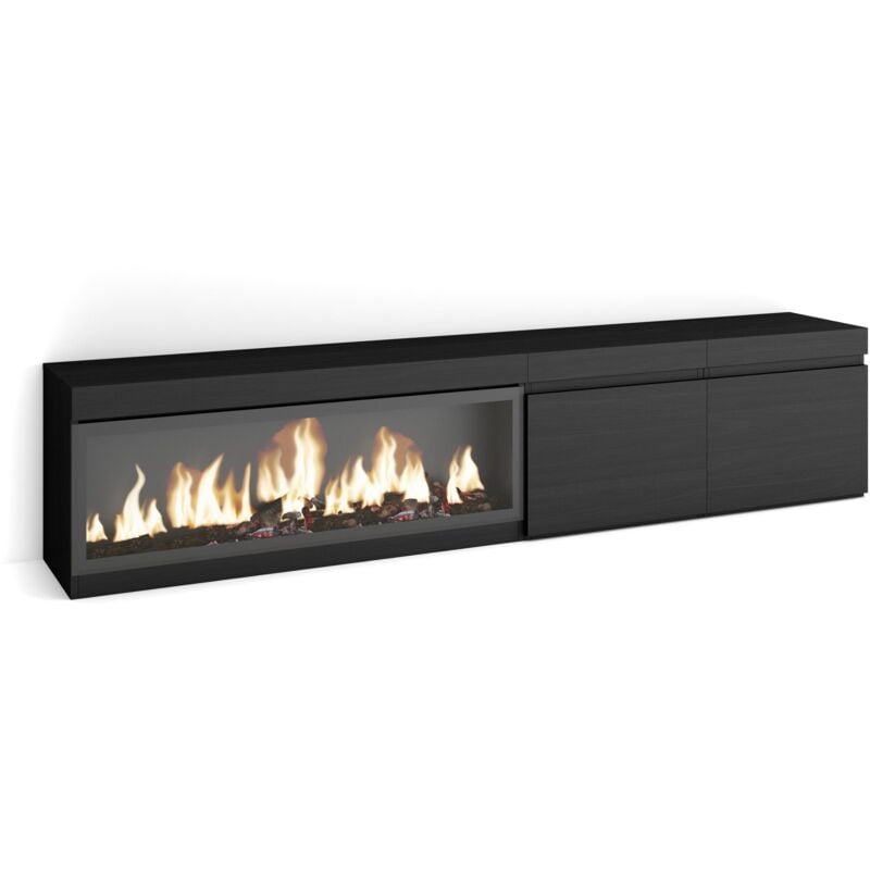 Meuble tv, Banc Télé, Grand espace de Rangement, 210, Pour les tv jusqu'à 80', Cheminée électrique xxl, Style moderne, Noir - Skraut Home