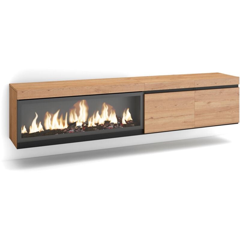 Skraut Home - Meuble tv, Banc Télé, Grand espace de Rangement, 210, Pour les tv jusqu'à 80', Cheminée électrique xxl, Suspendu, Mural, Style moderne,