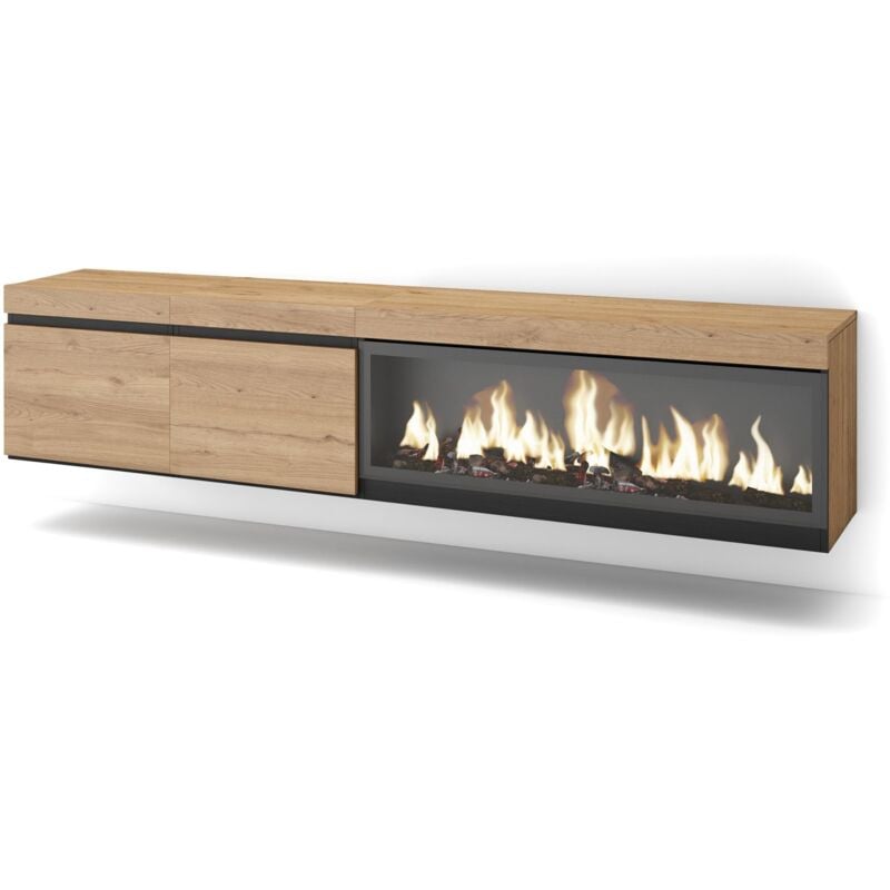 Skraut Home - Meuble tv, Banc Télé, Grand espace de Rangement, 210, Pour les tv jusqu'à 80', Cheminée électrique xxl, Suspendu, Mural, Style moderne,