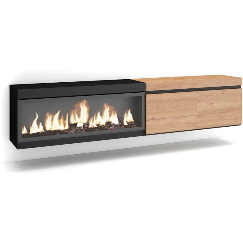 Skraut Home - Meuble tv, Banc Télé, Grand espace de Rangement, 210, Pour les tv jusqu'à 80', Cheminée électrique xxl, Suspendu, Mural, Style moderne,