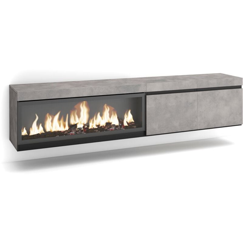 Skraut Home - Meuble tv, Banc Télé, Grand espace de Rangement, 210, Pour les tv jusqu'à 80', Cheminée électrique xxl, Suspendu, Mural, Style moderne,