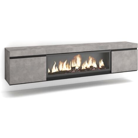 Skraut Home - Meuble TV, Banc Télé, Grand espace de Rangement, 210, Pour les TV jusqu'à 80", Cheminée électrique XXL, Suspendu, Mural, Style moderne, Gris Ciment