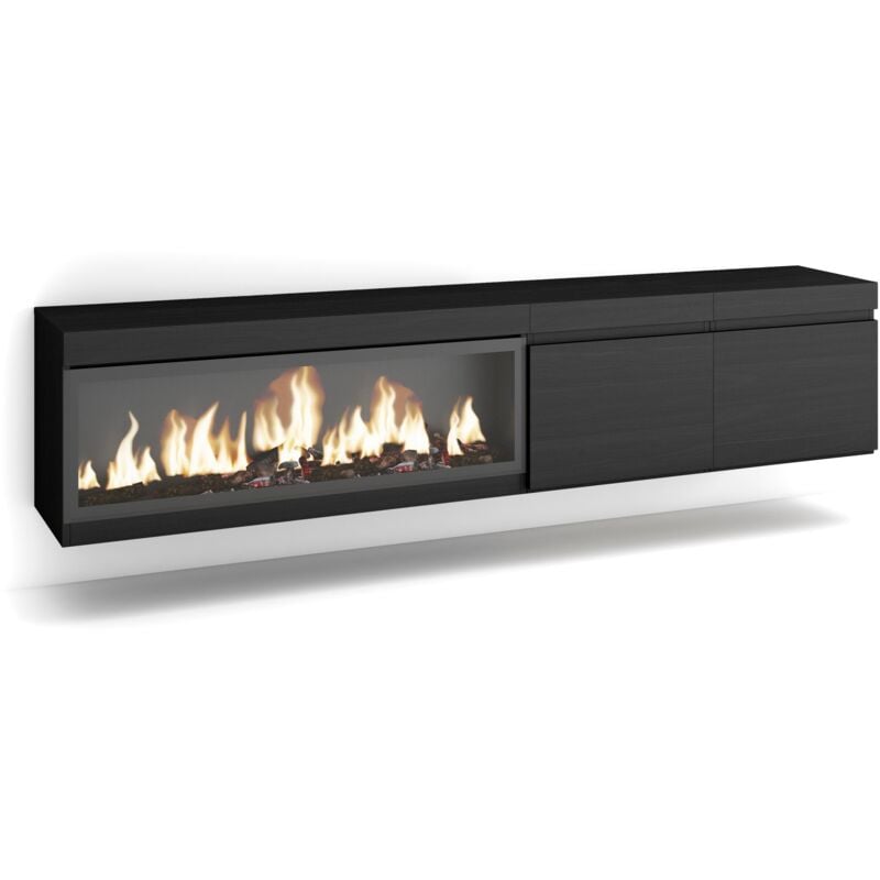 Skraut Home - Meuble tv, Banc Télé, Grand espace de Rangement, 210, Pour les tv jusqu'à 80', Cheminée électrique xxl, Suspendu, Mural, Style moderne,