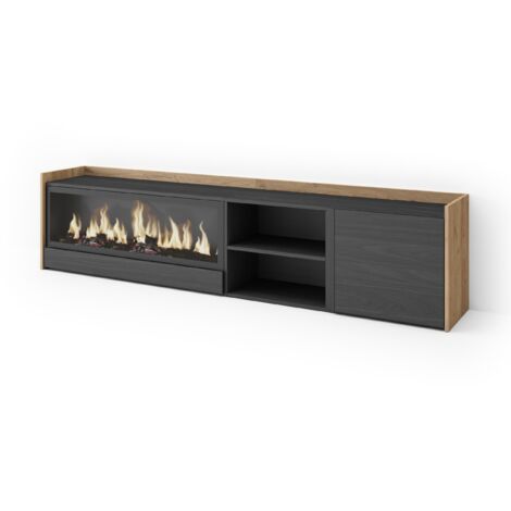Skraut Home - Meuble TV, Banc Télé, Grand espace de Rangement, 212x35x50cm, Pour les TV jusqu'à 80", Cheminée électrique XXL, Style moderne, Noir et chêne