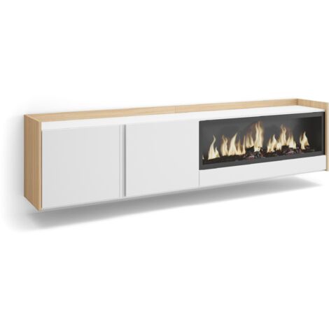 Skraut Home - Meuble TV, Banc Télé, Grand espace de Rangement, 212x35x50cm, Pour les TV jusqu'à 80", Cheminée électrique XXL, Suspendu, Mural, Style moderne, Blanc et Chêne Soft