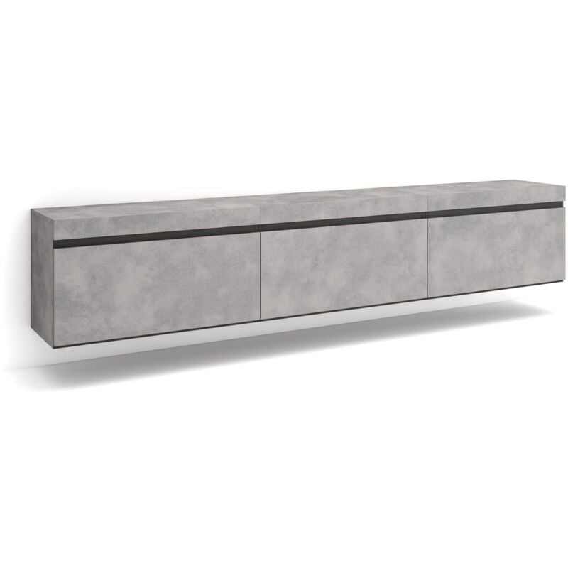 Meuble tv, Banc Télé, Grand espace de Rangement, 240x45x35 cm, Suspendu, Mural, Style moderne, Gris Ciment - Skraut Home