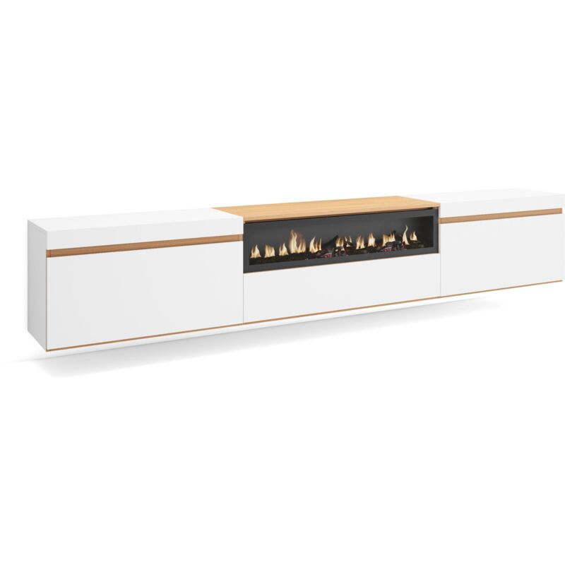 Skraut Home - Meuble TV, Banc Télé, Grand espace de Rangement, 260x35x45cm, TV grand format, Cheminée électrique, Suspendu, Mural, Style moderne,
