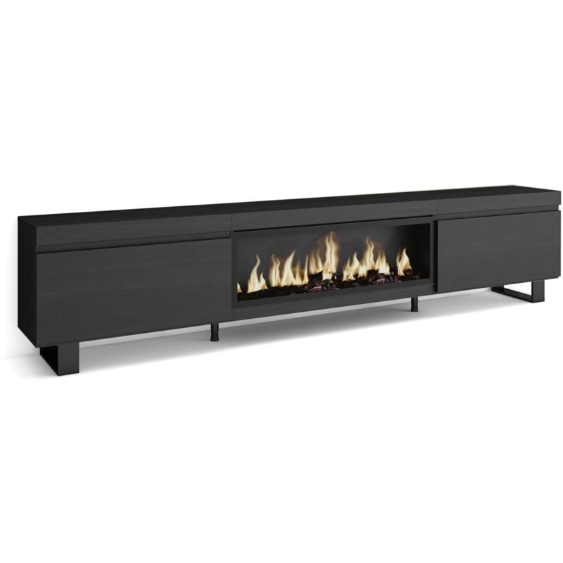 Skraut Home - Meuble TV, Banc Télé, Grand espace de Rangement, 267x57x35 cm, TV grand format, Cheminée électrique XXL, Design industriel, Style