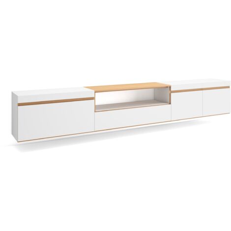 Skraut Home - Meuble TV, Banc Télé, Grand espace de Rangement, 288x35x45 cm, TV grand format, Suspendu, Mural, Style moderne, Blanc et Chêne Soft
