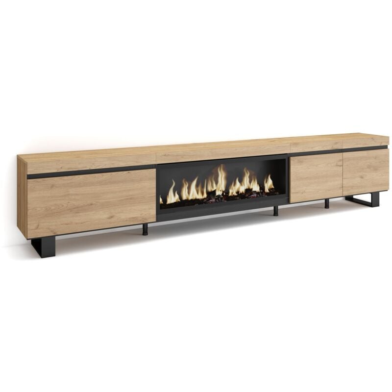 Skraut Home - Meuble TV, Banc Télé, Grand espace de Rangement, 288x57x35 cm, TV grand format, Cheminée électrique XXL, Design industriel, Style
